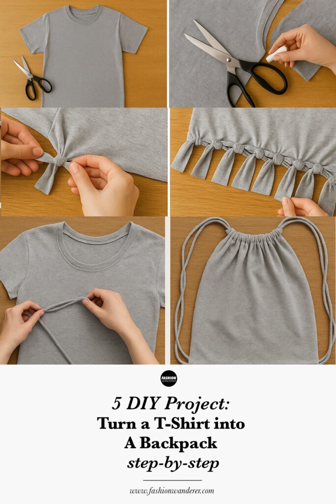 Pinterest ready infographic showing step-by-step no sew tutorial on how to turn a Tee shirt into a DIY backpack in 5 minutes