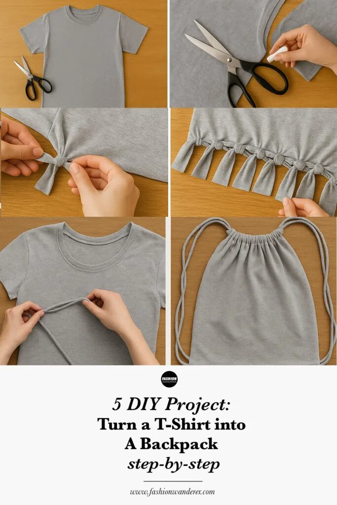 Pinterest ready infographic showing step-by-step no sew tutorial on how to turn a Tee shirt into a DIY backpack in 5 minutes