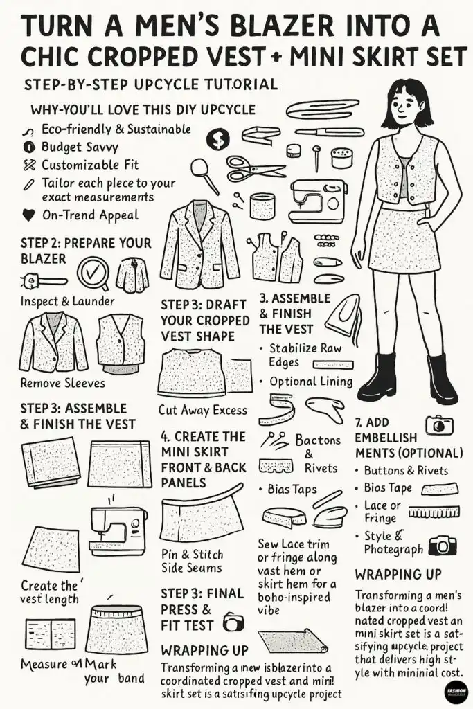 Black-and-white hand-drawn Pinterest infographic titled &lsquo;Turn a Men&rsquo;s Blazer Into a Chic Cropped Vest + Mini Skirt Set&rsquo; with illustrated DIY steps and tools.