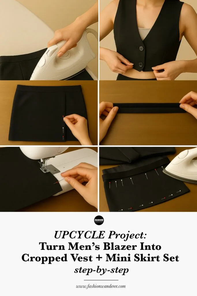 Pinterest style pin featuring all required tools and supplies for upcycling a men&rsquo;s blazer into a cropped vest and mini skirt.