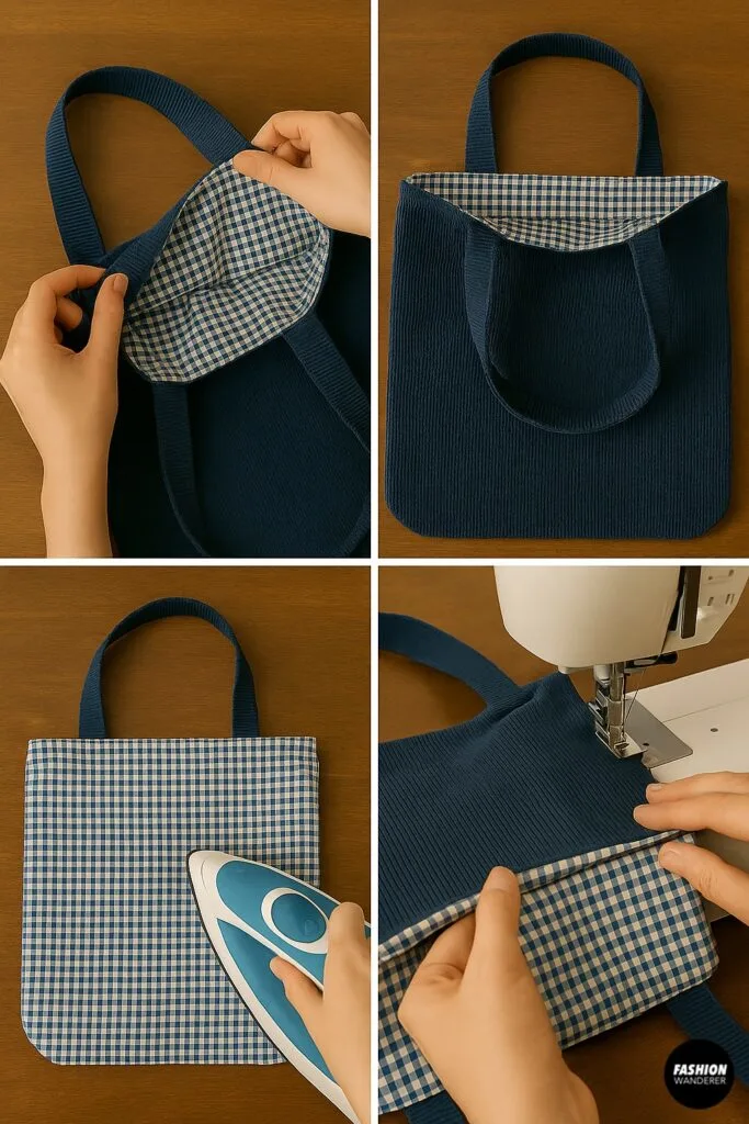 Turning the reversible tote bag right side out and pressing seams flat before final topstitching for a clean finish.