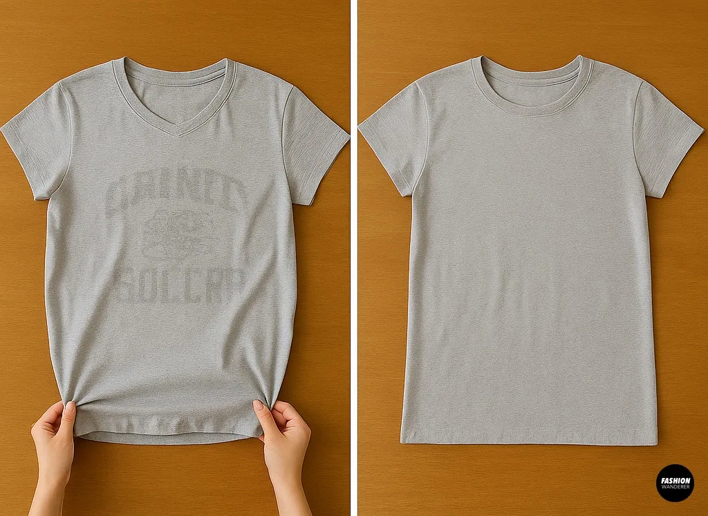 Hands holding grey T-shirt turned inside out, preparing fabric for DIY drawstring backpack.