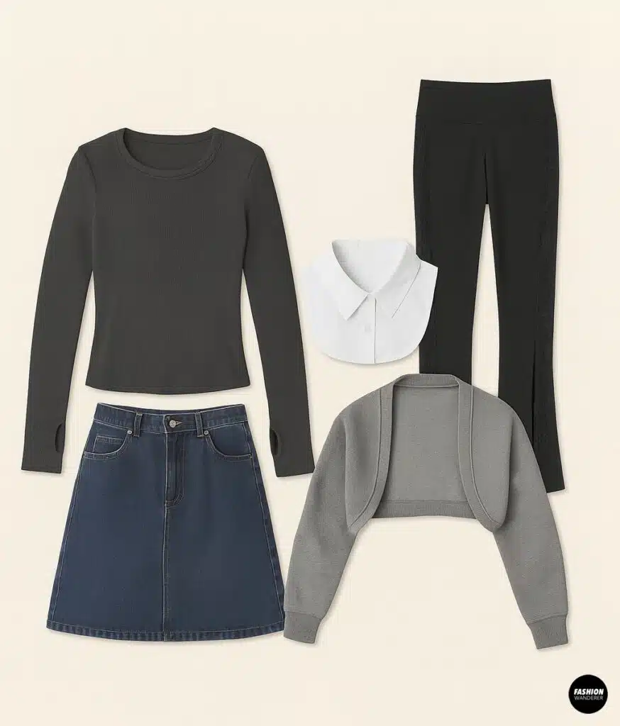 Flatlay collage showcasing outfit ideas featuring a gray thumbhole long sleeve top, black leggings, denim skirt, DIY faux collar, and cropped shrug for a cozy, casual balletcore-inspired look.