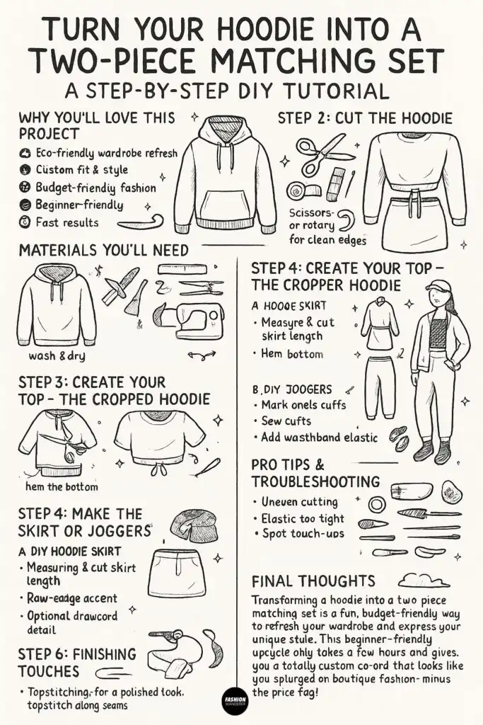 Hand-drawn black-and-white infographic titled &ldquo;Turn Your Hoodie into a Two-Piece Matching Set&rdquo; with sketch icons for why you&rsquo;ll love the project, materials needed, step-by-step mini illustrations for cutting, hemming, making crop top, skirt or joggers, pro tips, and final thoughts.