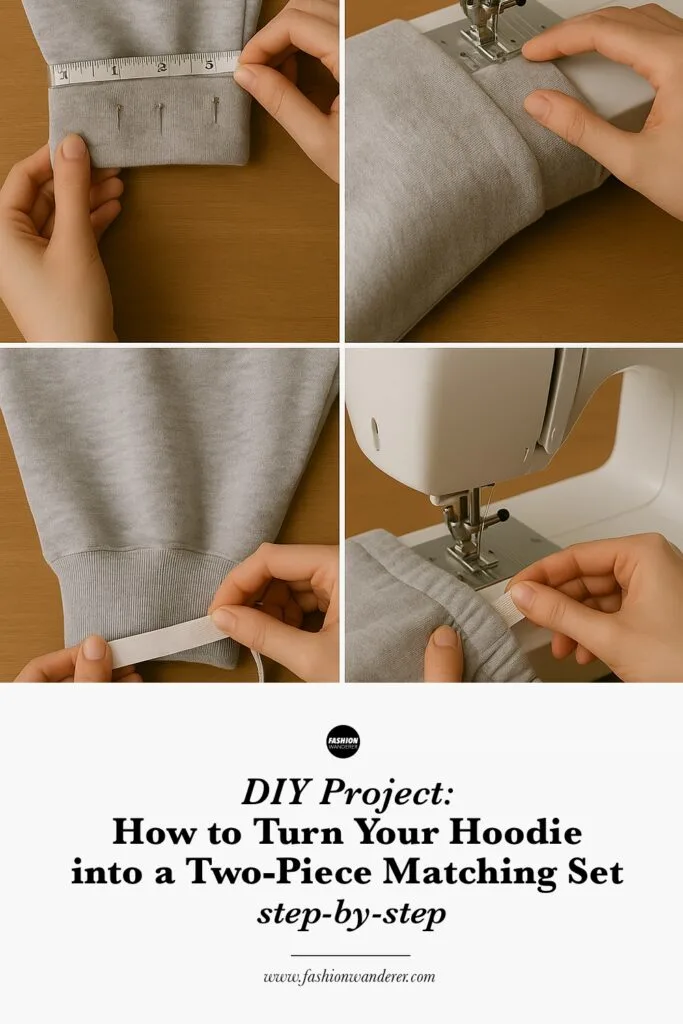 Step-by-step collage showing (1) measuring a grey jogger cuff with a metal tape measure and pins, (2) stitching the cuff hem on a sewing machine, (3) threading a white elastic band through the waistband with a safety pin, and (4) sewing the elastic securely into place&mdash;overlaid with &ldquo;DIY Project: How to Turn Your Hoodie into a Two-Piece Matching Set step-by-step&rdquo;