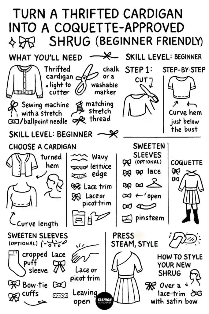 Hand-drawn Pinterest infographic tutorial: how to turn a thrifted cardigan into a coquette-approved shrug, step-by-step beginner sewing guide.