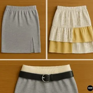 Creative variations for no-sew mini skirt: side slit, tiered ruffle add-on, and ribbed waist alternatives.
