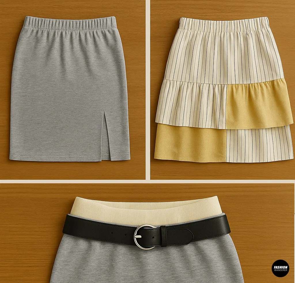 Creative variations for no-sew mini skirt: side slit, tiered ruffle add-on, and ribbed waist alternatives.