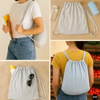 Collage showing different uses for a no-sew DIY T-shirt backpack: student carrying books, gym essentials flatlay, beach bag with sunscreen and sunglasses, and casual farmers market outing.