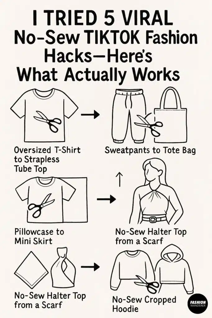 Black and white infographic illustrating 5 viral TikTok no-sew fashion hacks including T-shirt to tube top, sweatpants to tote bag, pillowcase to mini skirt, scarf halter top, and cropped hoodie.