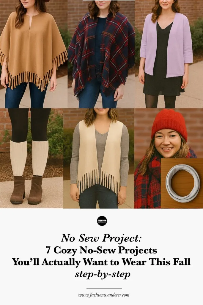 No-Sew Fall DIY Fashion Projects including step by step instructions to make a fleece poncho, T-shirt shrug, fringe vest, beanie, and infinity scarf