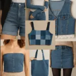 Infographic showing seven DIY denim upcycle projects: shorts, vest, tube top, arm warmers, mini skirt, patchwork crop top, and tote bag.