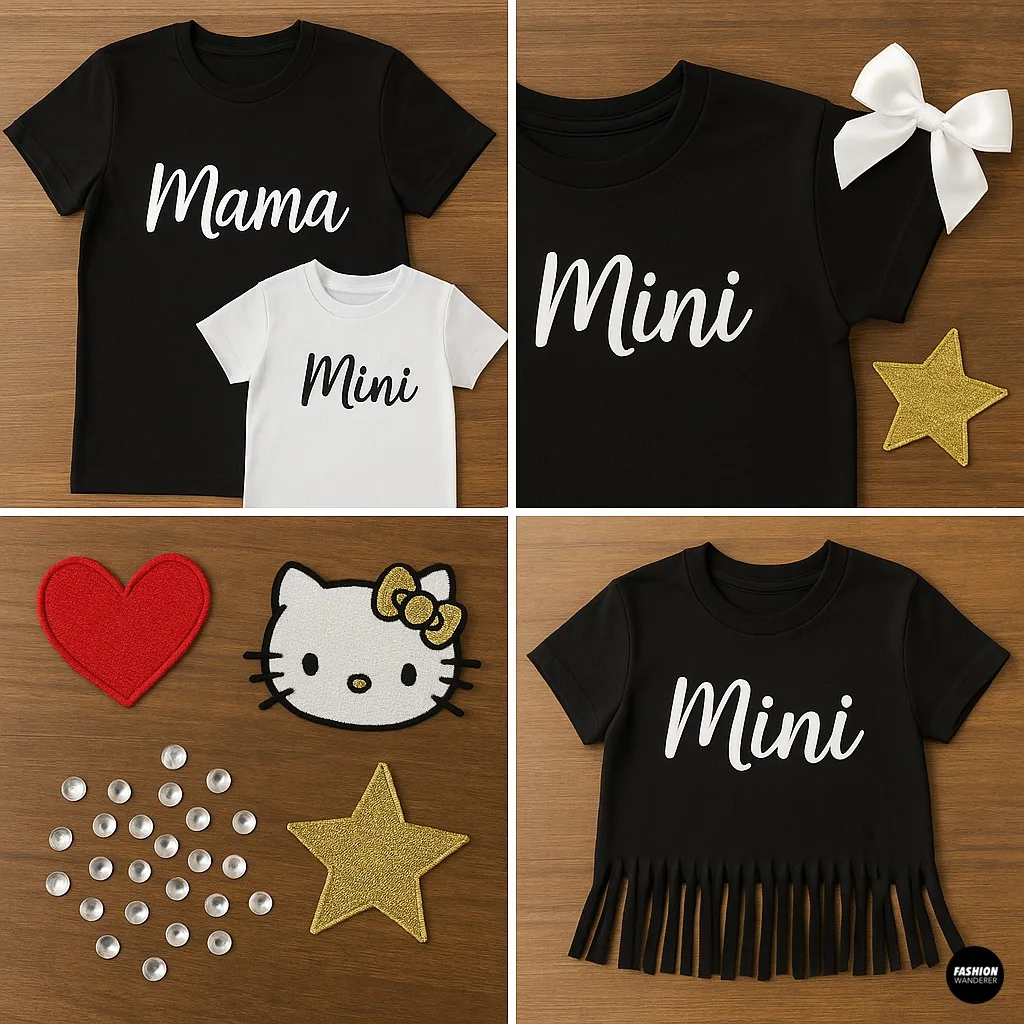 DIY Mommy & Me T-shirts with embellishments including rhinestones, fabric patches, bows, stars, and Hello Kitty appliqu&eacute;s for creative customization.