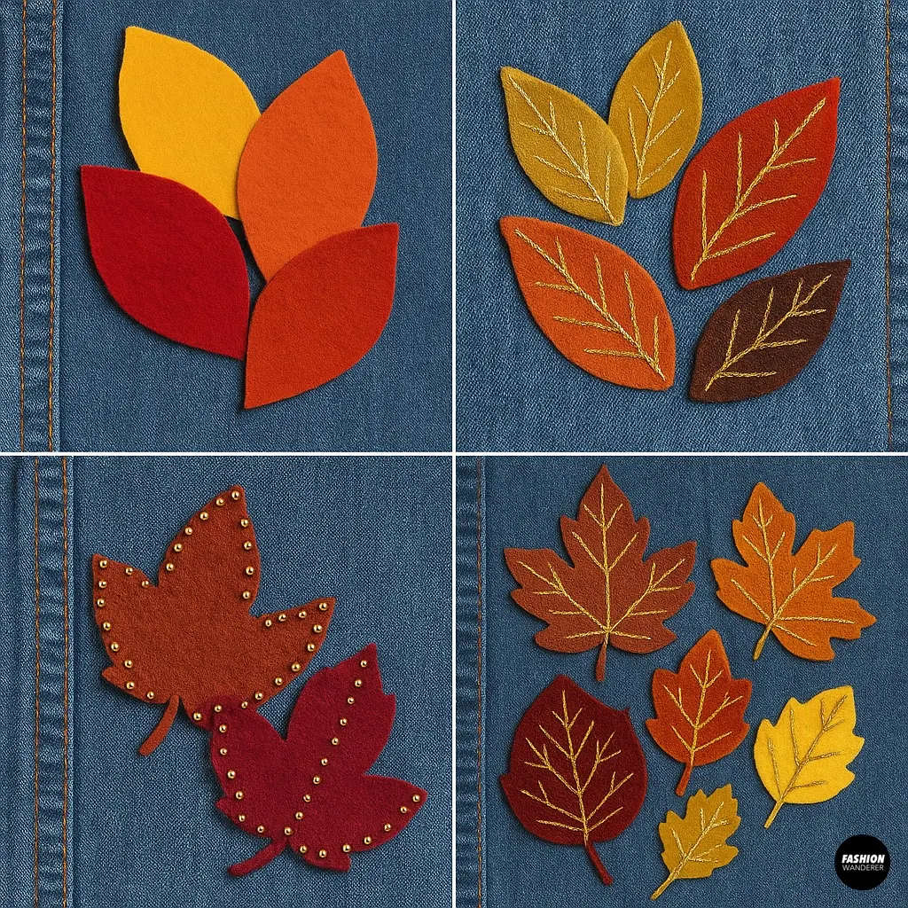 Decorative details added to DIY denim jacket with fabric leaves, including embroidered veins, gold stitching, layered leaves, and beaded embellishments for custom fall fashion look.