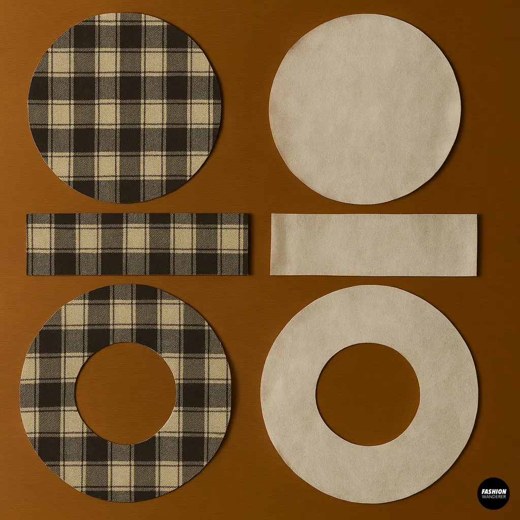 Bucket hat pieces cut from plaid fabric with optional fusible interfacing added to crown and brim for structure, displayed on wooden table for DIY sewing tutorial.
