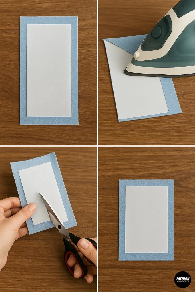 Adding HeatnBond iron-on adhesive to blue felt fabric for DIY varsity jacket patches with scissors and iron on wooden table.