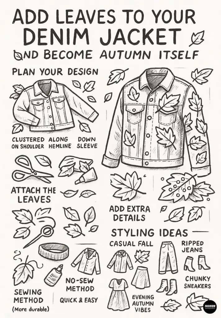 Black and white hand-drawn Pinterest infographic showing step-by-step tutorial for adding fabric leaves to a denim jacket, including design planning, attaching leaves, sewing or no-sew methods, and styling ideas for fall outfits.