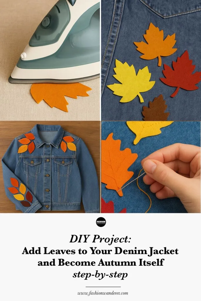 Infographic showing step-by-step tutorial to add fabric leaves to a denim jacket, including design planning, attaching leaves, sewing or no-sew methods, and styling ideas for fall denim jacket outfits.
