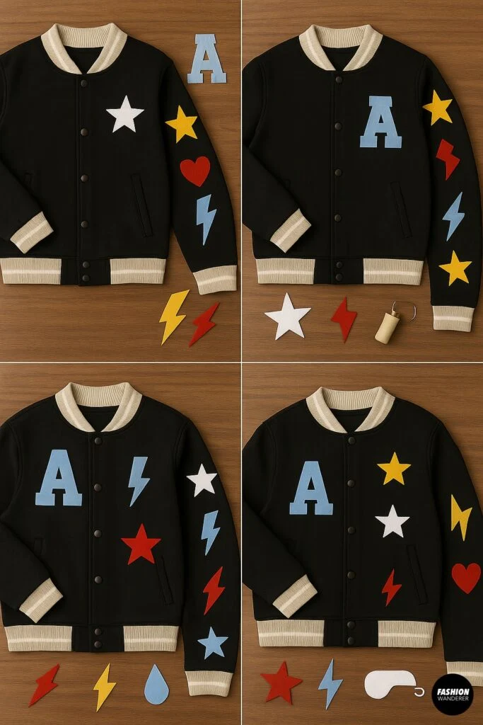 Four variations of varsity jackets styled with colorful DIY patches including stars, lightning bolts, hearts, and letter A designs.