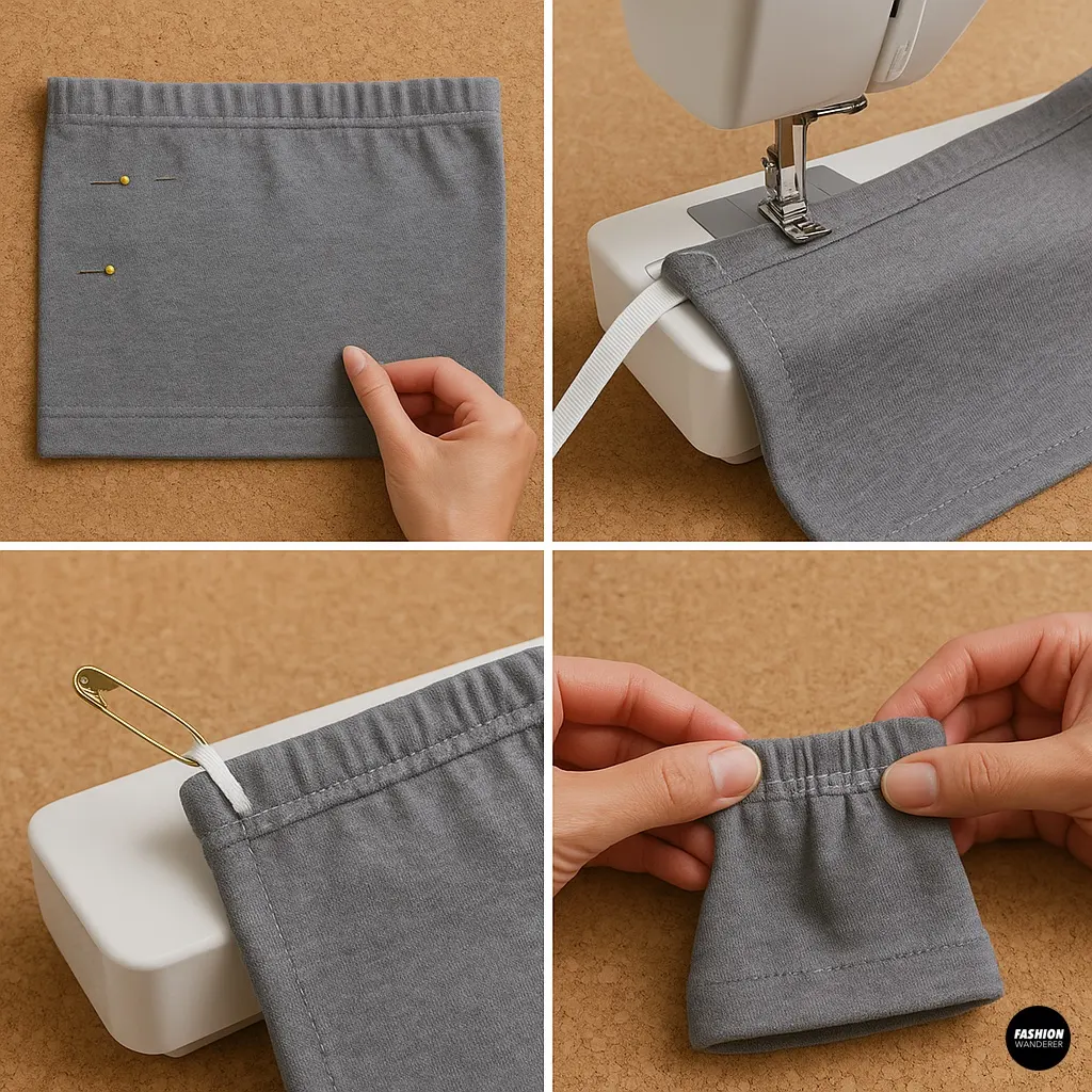 Close-up tutorial on sewing an elastic casing into a grey tube top from sweatpants, showing sewing machine, pins, elastic band, and finished gathered detail.