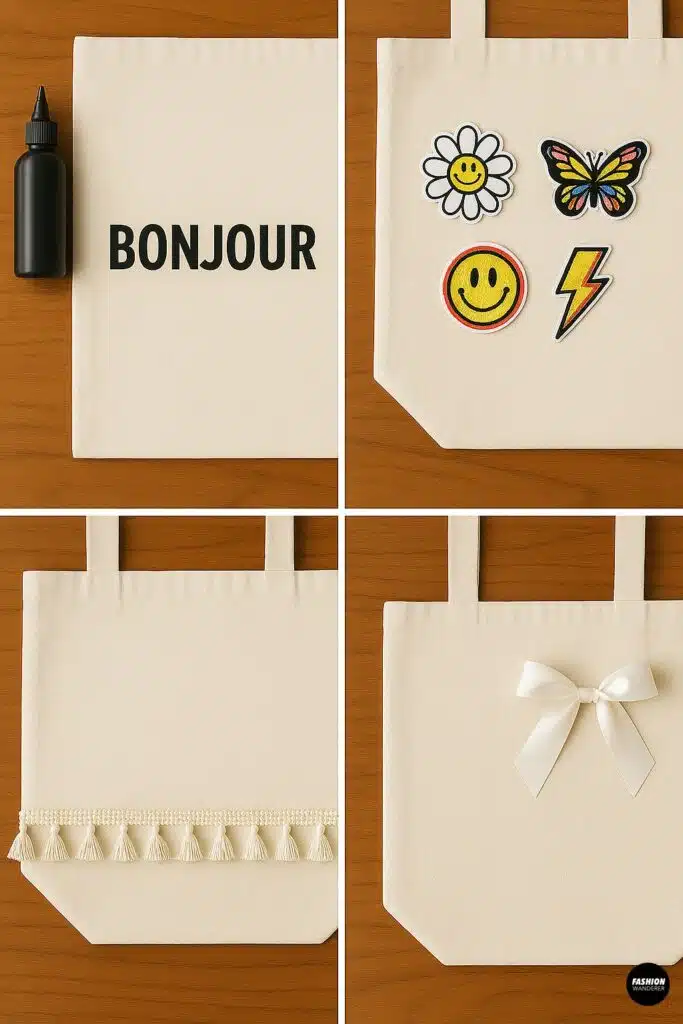 Four-photo collage of decorated tote bags featuring fabric paint, iron-on patches, tassel fringe, and ribbon bow embellishments.