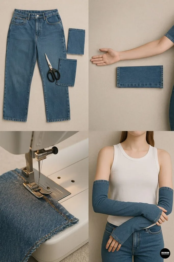 DIY tutorial collage showing how to cut jean legs into denim arm warmers with raw edge or hemmed finish.