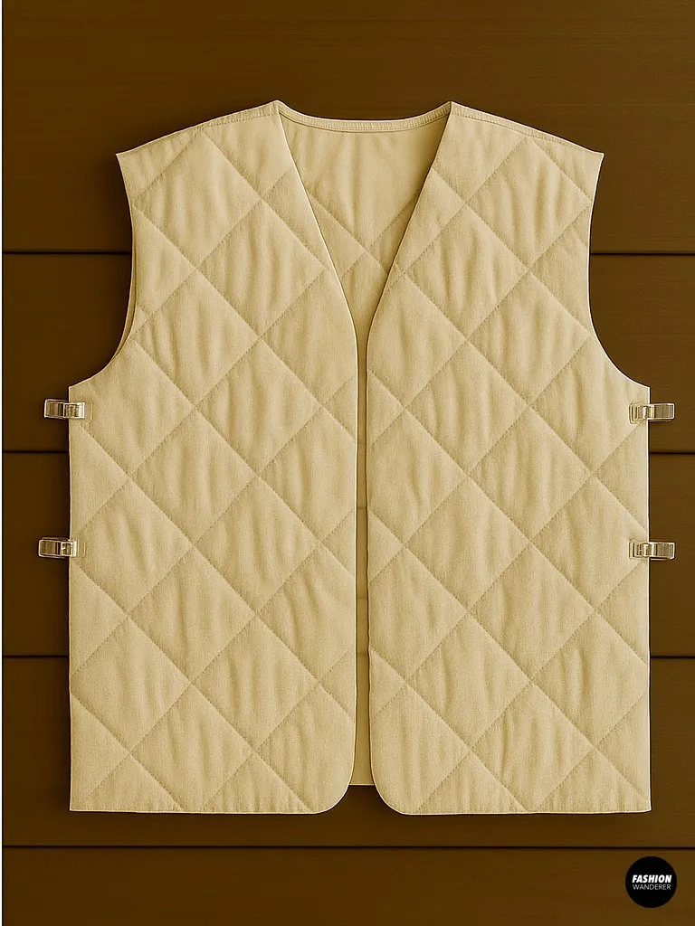 Quilted vest body pieces pinned and stitched together on a wooden table, demonstrating assembly of the bomber vest panels.