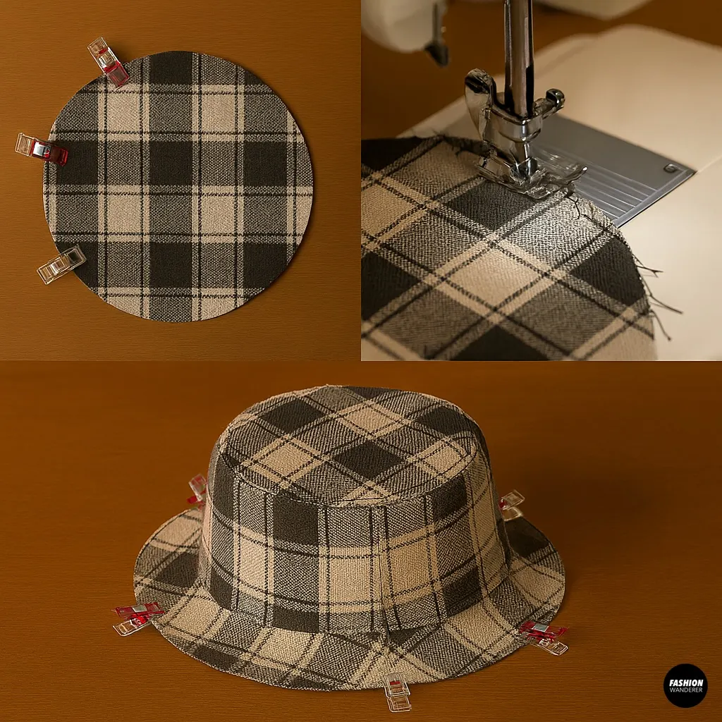 Collage of sewing steps to assemble plaid bucket hat crown, showing crown circles pinned together, sewing machine stitching edges, and attaching side band around crown.