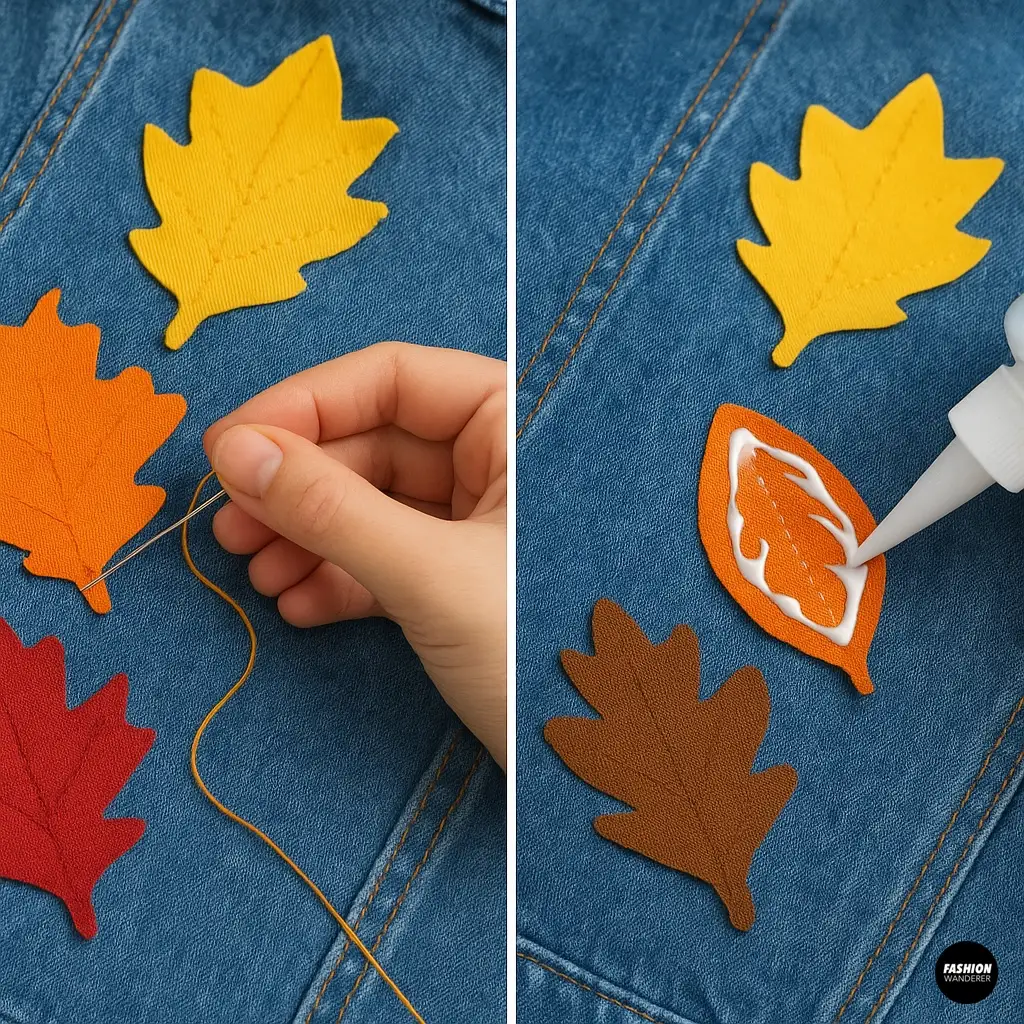 Side-by-side comparison of sewing and no-sew methods for attaching felt leaves to a denim jacket—hand stitching with needle and thread versus using fabric glue.