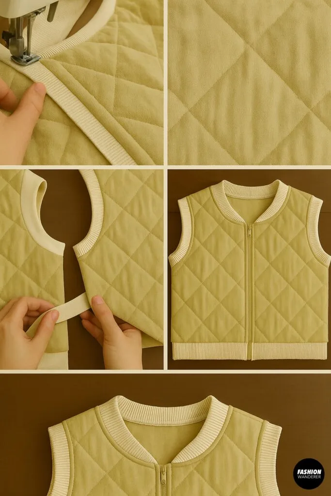Sewing machine stitching ribbing to armhole and hem edges of the quilted vest, showing how to attach finished rib trim.
