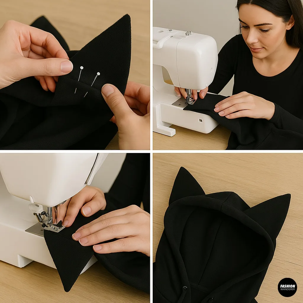 Step-by-step tutorial showing sewing black cat ears onto a hoodie with a sewing machine, close-up of stitching, and finished cat ear hoodie hood.