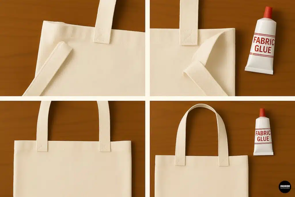 Step-by-step collage showing how to attach and glue fabric straps to a pillowcase tote bag using fabric glue.