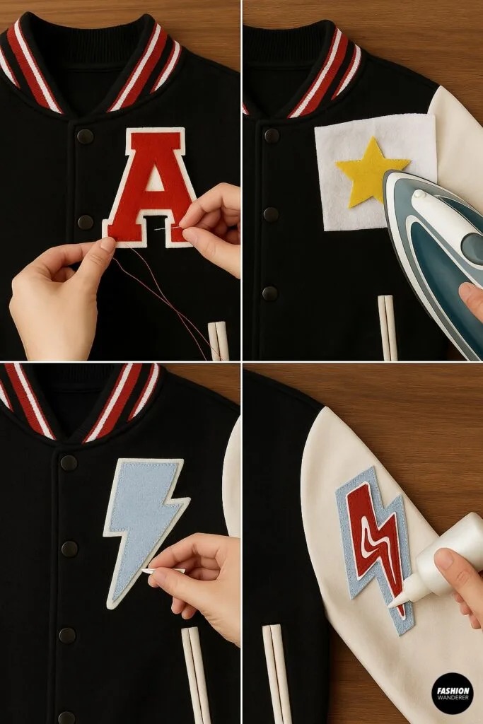 Attaching DIY varsity patches onto black and white jacket using sewing, ironing, and fabric glue methods with bold letters and lightning design.