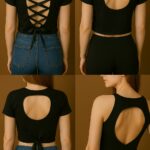 Different variations of DIY backless T-shirt designs, including lace-up corset back, circular cut-out, and cropped tank style.