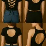 Different variations of DIY backless T-shirt designs, including lace-up corset back, circular cut-out, and cropped tank style.