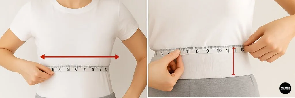 DIY tutorial step showing how to measure bust, waist, and fabric length before cutting sweatpants to make a fitted grey tube top with measuring tape.