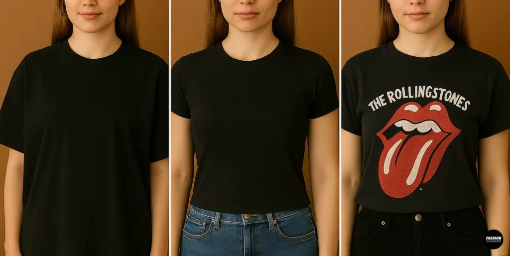 Before and after examples of black T-shirts for DIY backless top project, including oversized, cropped, and graphic tee variations.