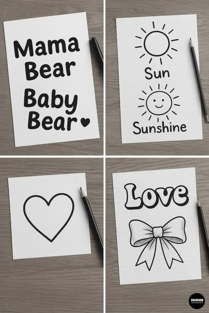 Hand-drawn T-shirt design sketches on paper with phrases like Mama Bear, Baby Bear, Sun, Sunshine, Love, and simple icons including hearts, bows, and suns.