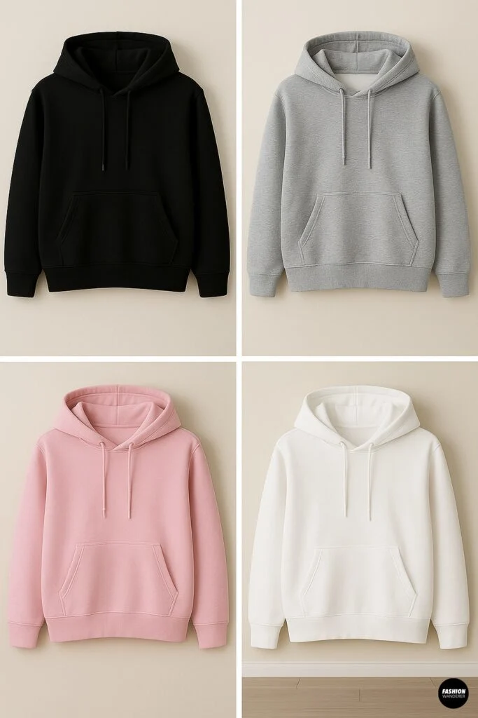 Four plain hoodies in black, grey, pink, and white displayed on hangers, showing fabric and color options for making a DIY cat ear hoodie.