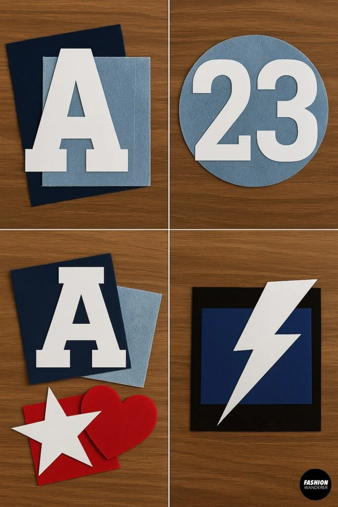 DIY varsity jacket patch design ideas with felt letters, numbers, stars, hearts, and lightning bolt cutouts arranged on a wooden table.