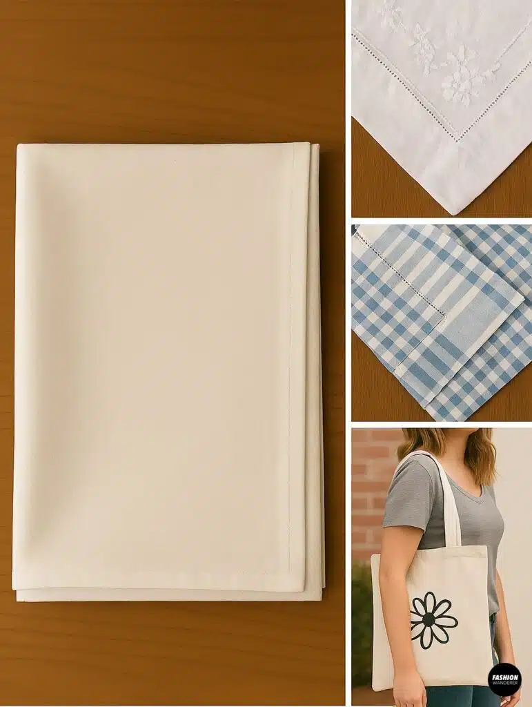 Flatlay of cream pillowcases in different patterns and styles, showing the first step of choosing your pillowcase for a no-sew tote bag project.