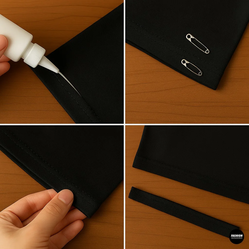 Close-up of no-sew finishing techniques for DIY backless top, using fabric glue and safety pins to secure clean edges.