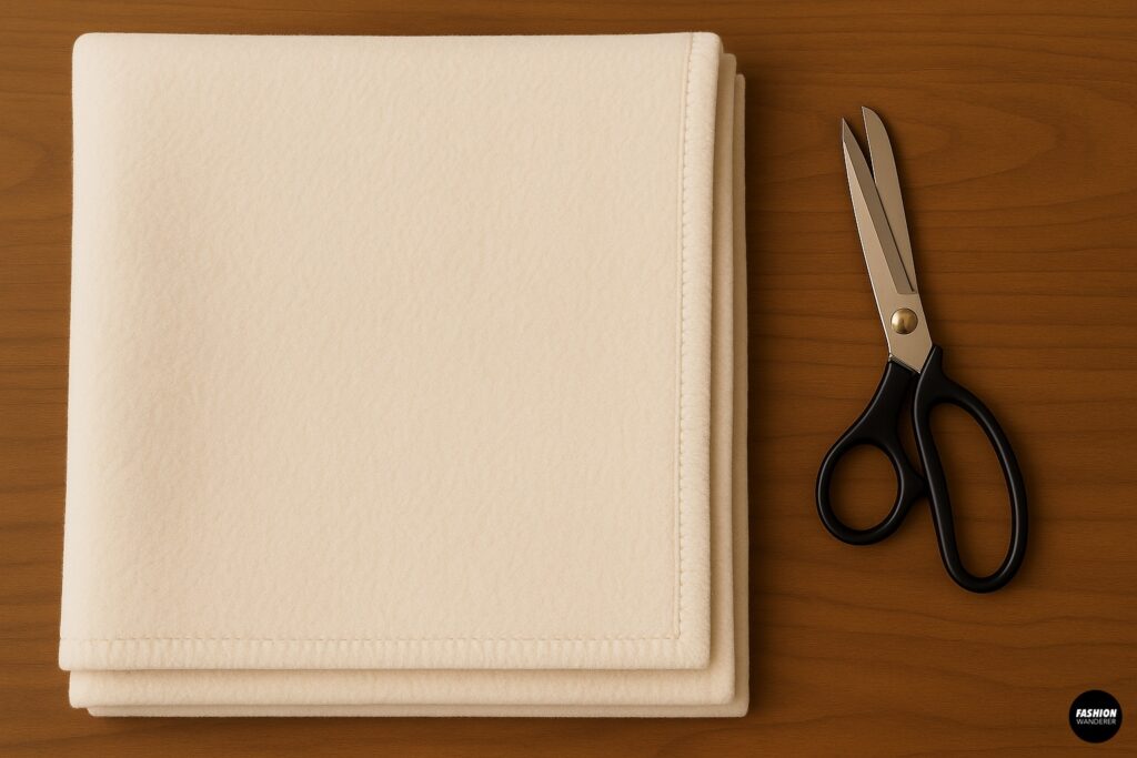 Flatlay of DIY no-sew fringe vest materials including a folded cream fleece blanket and fabric scissors on a wooden table.