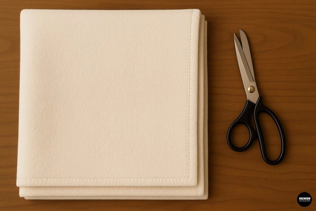 Flatlay of DIY no-sew fringe vest materials including a folded cream fleece blanket and fabric scissors on a wooden table.