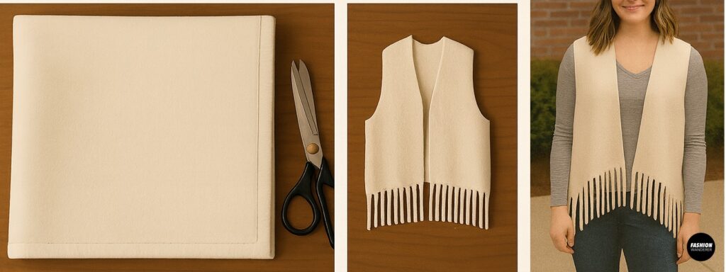 Step-by-step tutorial collage showing how to fold, cut, and transform a cream fleece blanket into a cozy no-sew fringe vest, styled over casual clothes.