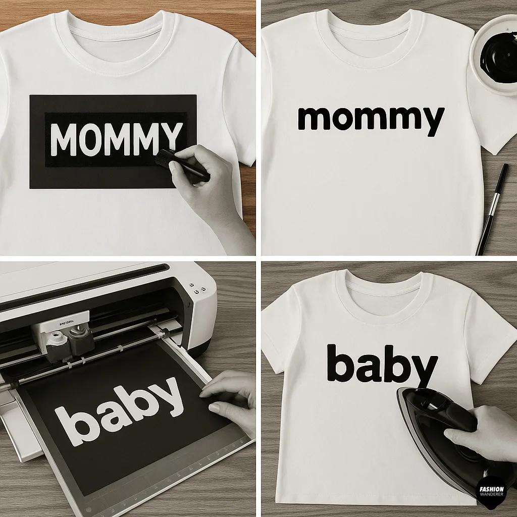 DIY T-shirt design creation process using Cricut cutting machine, stencils, and fabric paint with words &ldquo;Mommy&rdquo; and &ldquo;Baby&rdquo; applied to white cotton shirts.