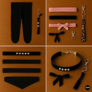 Flat lay of DIY choker and keychain sets made from old tights, including variations with pearls, bows, velvet ribbon, and leopard print fabric.