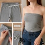 Step-by-step DIY guide to making a tube top from sweatpants, including measuring, cutting, and wearing the finished grey tube top styled with denim jeans.