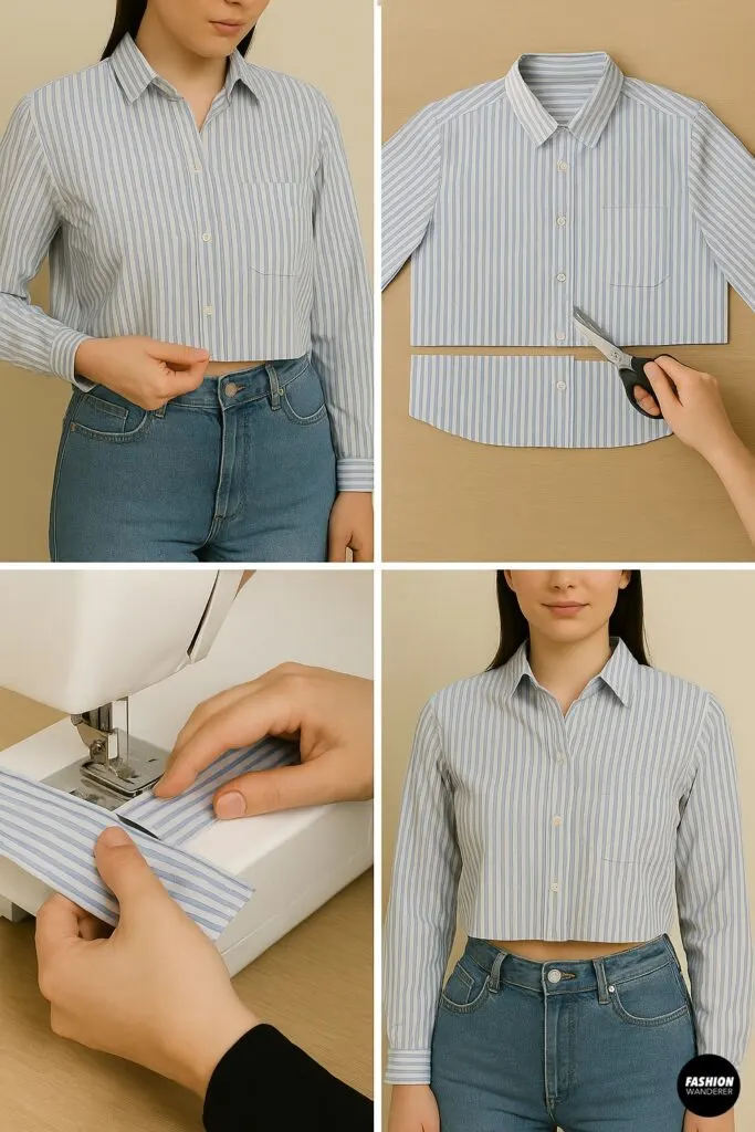 Step-by-step tutorial for making a cropped button-up shirt, showing measuring, cutting, hemming on a sewing machine, and the finished striped cropped shirt styled with jeans.