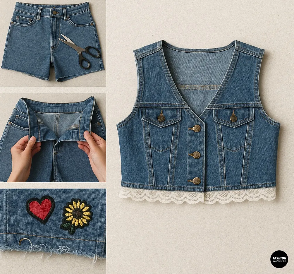 DIY cropped denim vest tutorial made from old jeans with lace trim and patch embellishments for an upcycled fashion look.